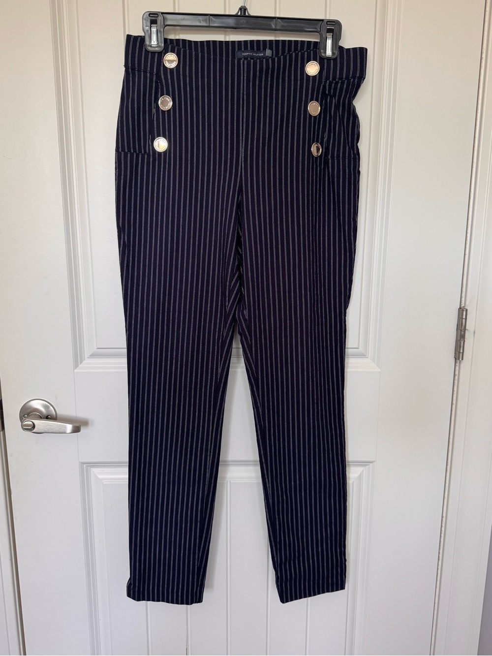 Tommy Hilfiger Navy Pinstripe Sailor Pants Gold Buttons Size M